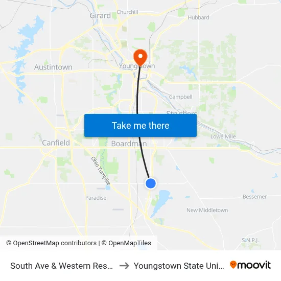 South Ave & Western Reserve Rd to Youngstown State University map