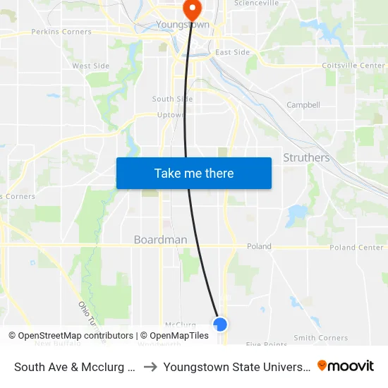 South Ave & Mcclurg Rd to Youngstown State University map