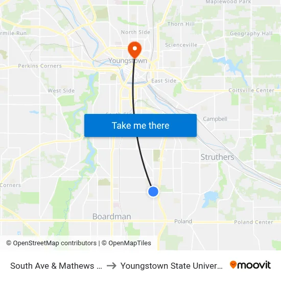 South Ave & Mathews Rd to Youngstown State University map