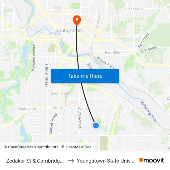 Zedaker St & Cambridge Ave to Youngstown State University map