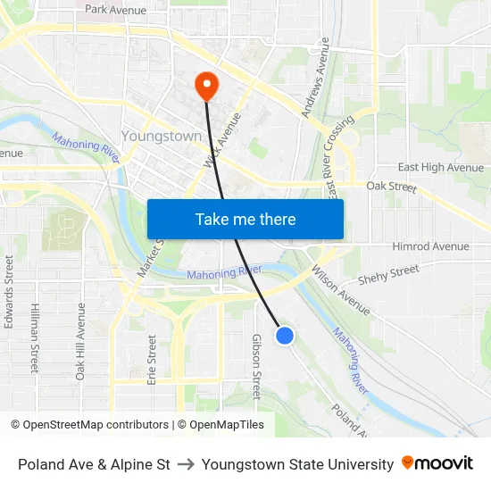 Poland Ave & Alpine St to Youngstown State University map