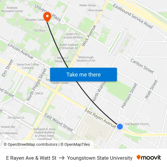 E Rayen Ave & Watt St to Youngstown State University map