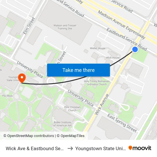 Wick Ave & Eastbound Service Rd to Youngstown State University map