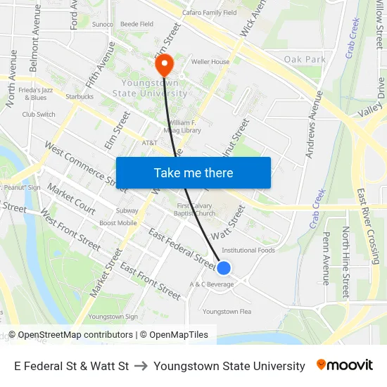 E Federal St & Watt St to Youngstown State University map