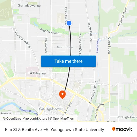Elm St & Benita Ave to Youngstown State University map