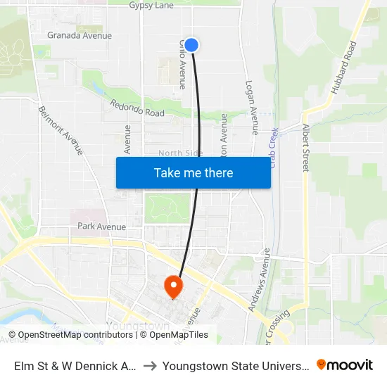 Elm St & W Dennick Ave to Youngstown State University map