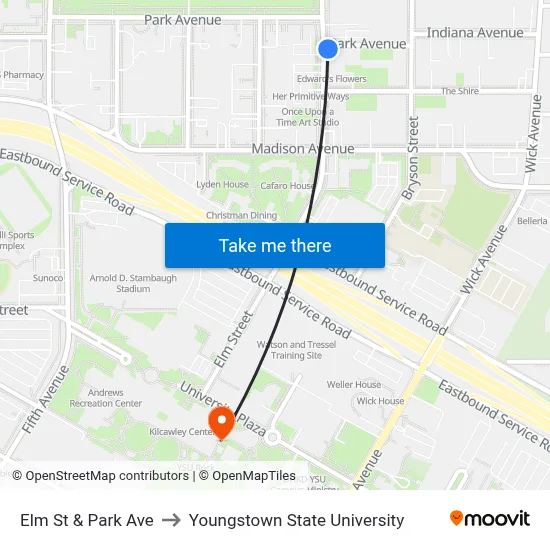 Elm St & Park Ave to Youngstown State University map