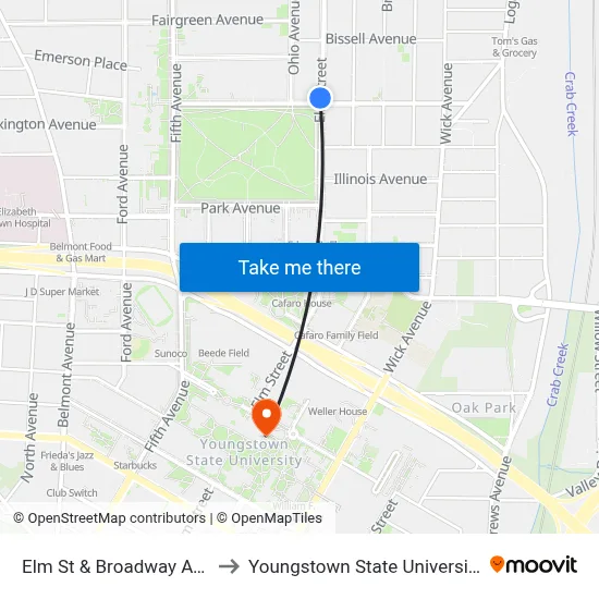 Elm St & Broadway Ave to Youngstown State University map