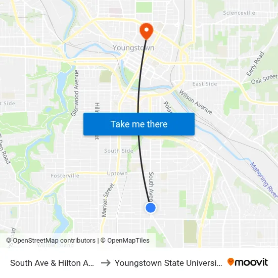 South Ave & Hilton Ave to Youngstown State University map