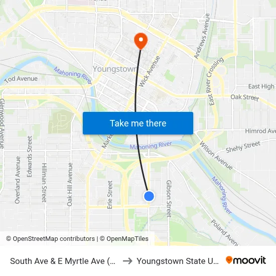 South Ave & E Myrtle Ave (Flag Stop) to Youngstown State University map
