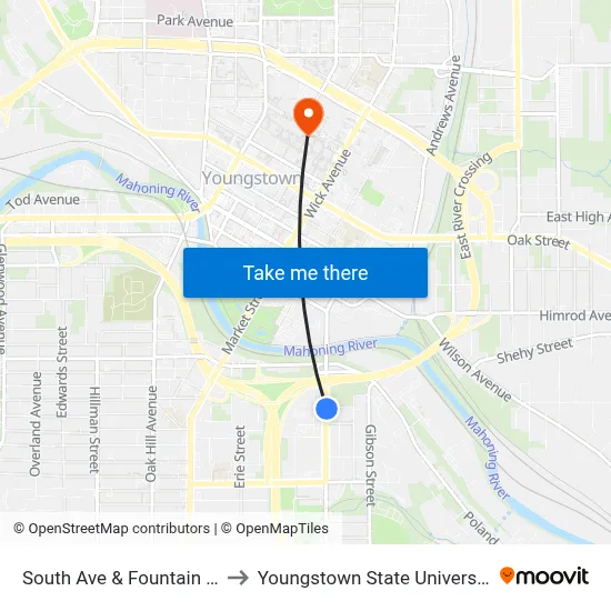 South Ave & Fountain St to Youngstown State University map