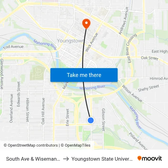 South Ave & Wiseman St to Youngstown State University map