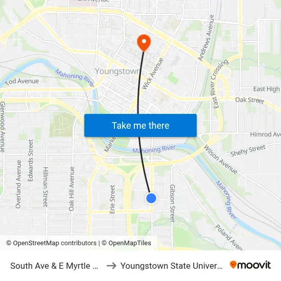 South Ave & E Myrtle Ave to Youngstown State University map