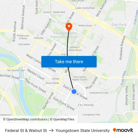Federal St & Walnut St to Youngstown State University map