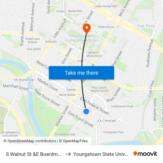 S Walnut St &E Boardman St to Youngstown State University map