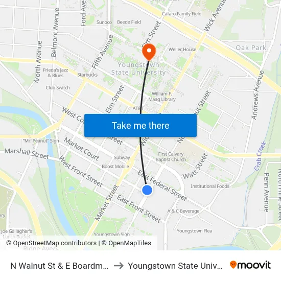 N Walnut St & E Boardman St to Youngstown State University map