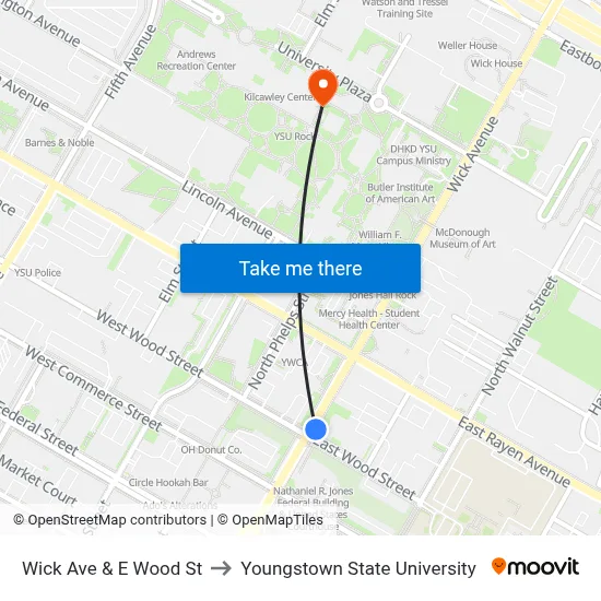Wick Ave & E Wood St to Youngstown State University map