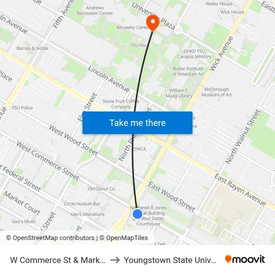 W Commerce St & Market St to Youngstown State University map