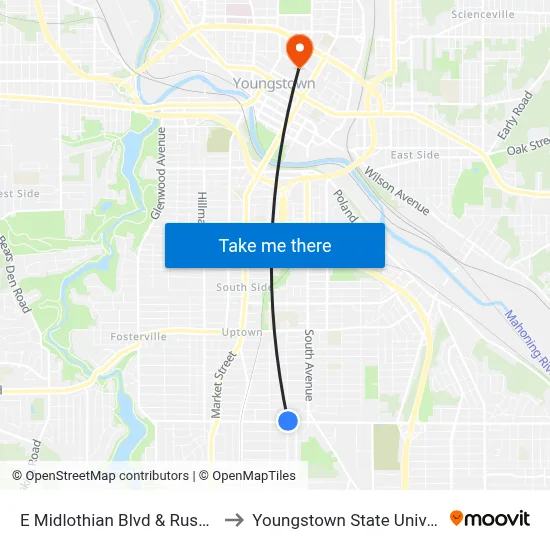 E Midlothian Blvd & Rush Blvd to Youngstown State University map