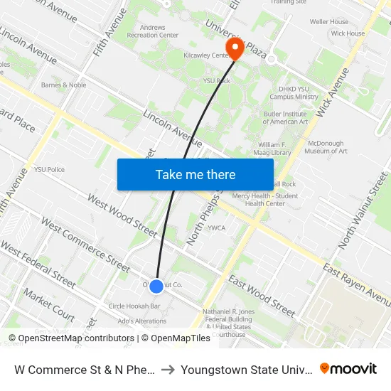 W Commerce St & N Phelps St to Youngstown State University map