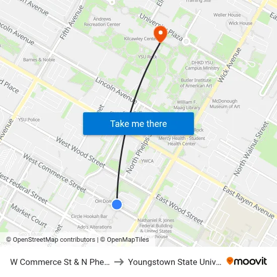 W Commerce St & N Phelps St to Youngstown State University map