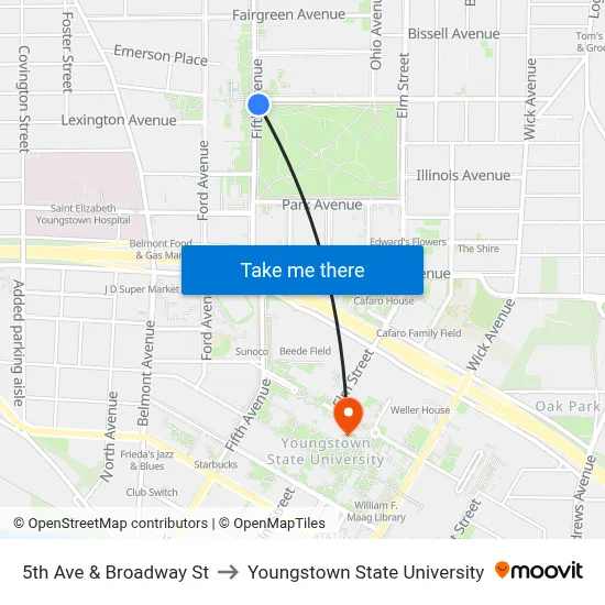 5th Ave & Broadway St to Youngstown State University map