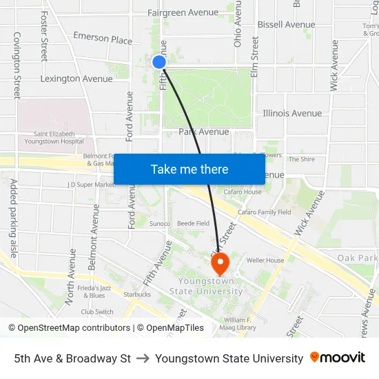 5th Ave & Broadway St to Youngstown State University map