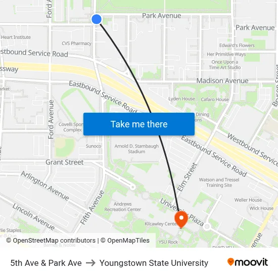 5th Ave & Park Ave to Youngstown State University map