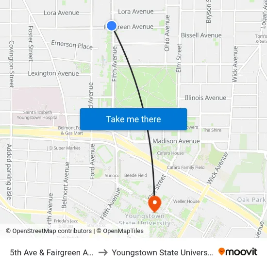 5th Ave & Fairgreen Ave to Youngstown State University map