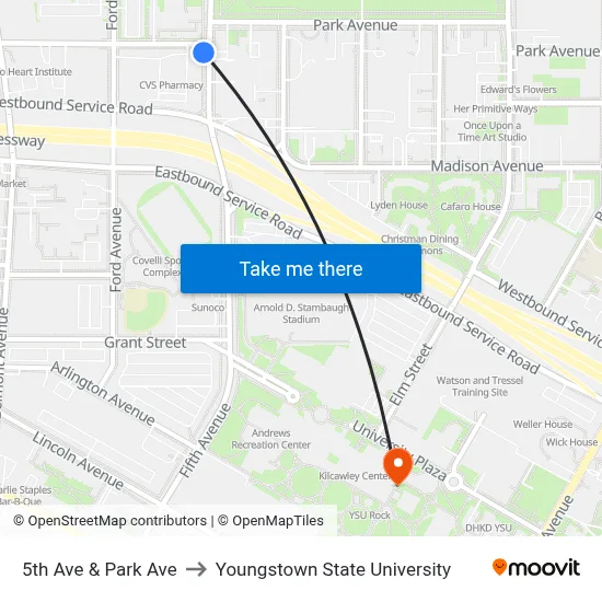 5th Ave & Park Ave to Youngstown State University map