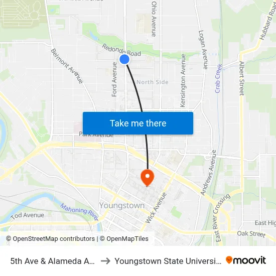 5th Ave & Alameda Ave to Youngstown State University map