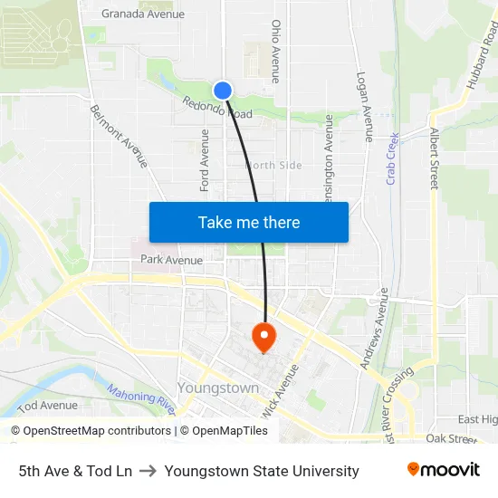 5th Ave & Tod Ln to Youngstown State University map