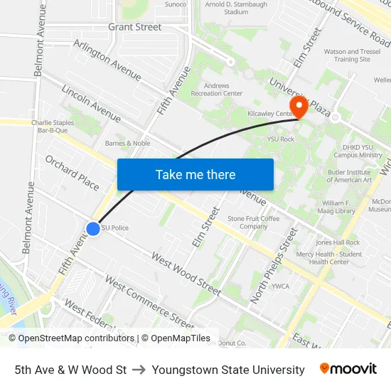 5th Ave & W Wood St to Youngstown State University map
