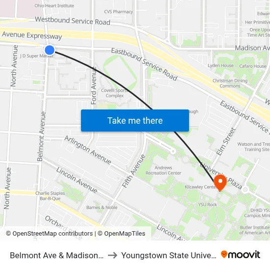 Belmont Ave & Madison Ave to Youngstown State University map