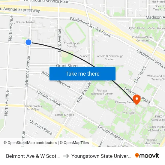 Belmont Ave & W Scott St to Youngstown State University map