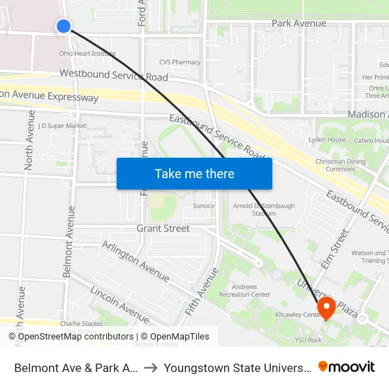 Belmont Ave & Park Ave to Youngstown State University map