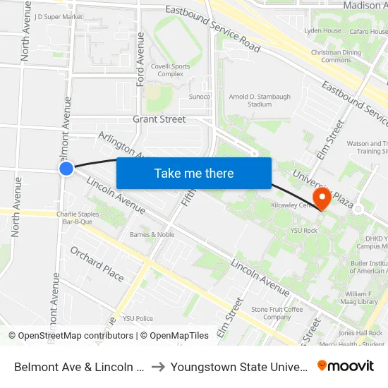 Belmont Ave & Lincoln Ave to Youngstown State University map