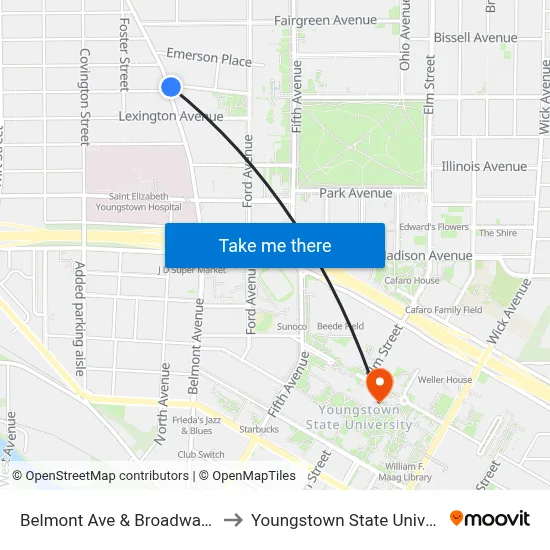 Belmont Ave & Broadway Ave to Youngstown State University map