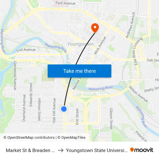 Market St & Breaden St to Youngstown State University map