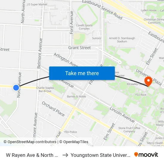 W Rayen Ave & North Ave to Youngstown State University map