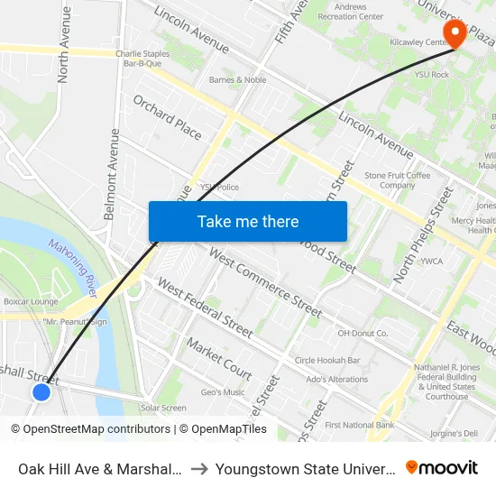 Oak Hill Ave & Marshall St to Youngstown State University map