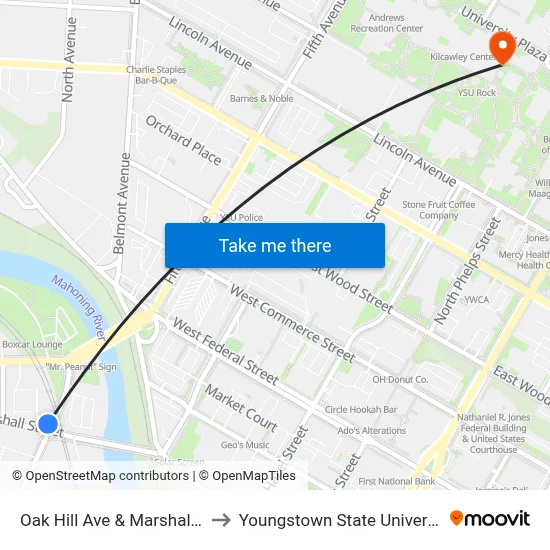 Oak Hill Ave & Marshall St to Youngstown State University map