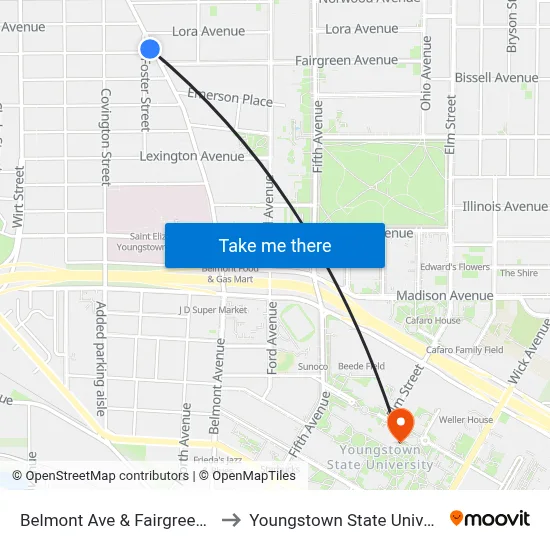 Belmont Ave & Fairgreen Ave to Youngstown State University map