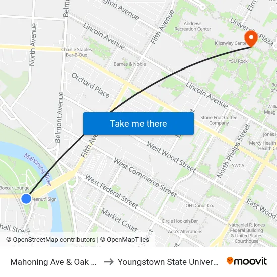 Mahoning Ave & Oak Hill to Youngstown State University map