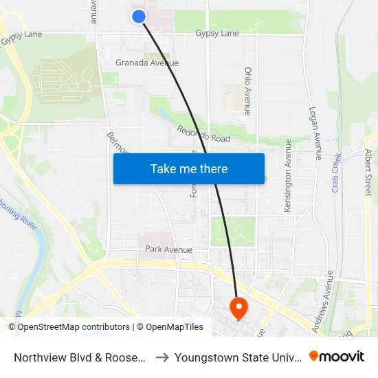 Northview Blvd & Roosevelt Dr to Youngstown State University map