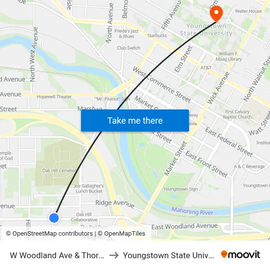 W Woodland Ave & Thorne St to Youngstown State University map