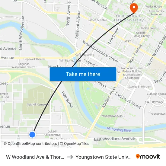 W Woodland Ave & Thorne St to Youngstown State University map