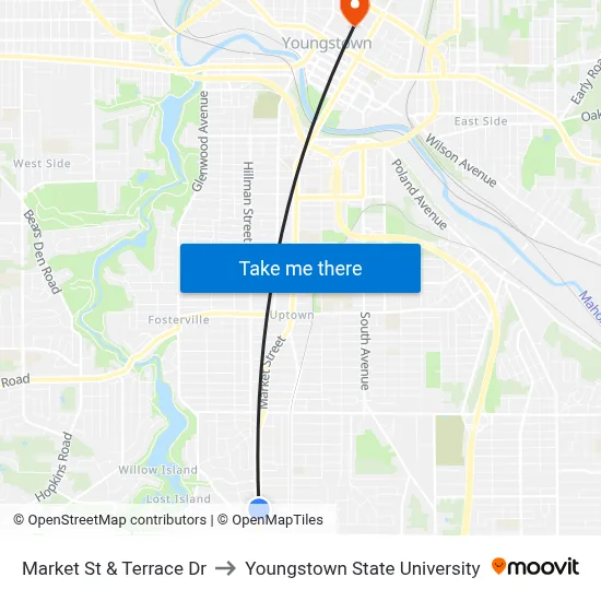 Market St & Terrace Dr to Youngstown State University map