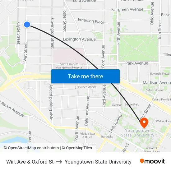 Wirt Ave & Oxford St to Youngstown State University map