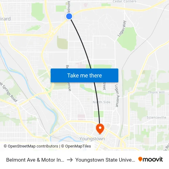 Belmont Ave & Motor Inn Dr to Youngstown State University map